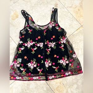 Black Sheer Tank with Floral Embroidery